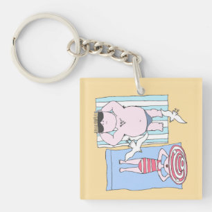 Funny Sunbathing Couple Cartoon Seaside Art Sleutelhanger