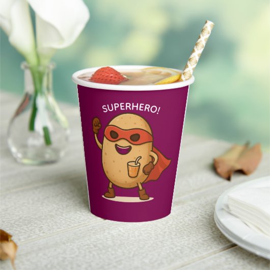 Funny Superhero Potato Cartoon 8oz Paper Cup Papieren Bekers (Insitu)