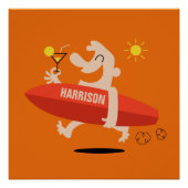 Funny Surfer met Cocktail poster met aangepaste na (Voorkant)