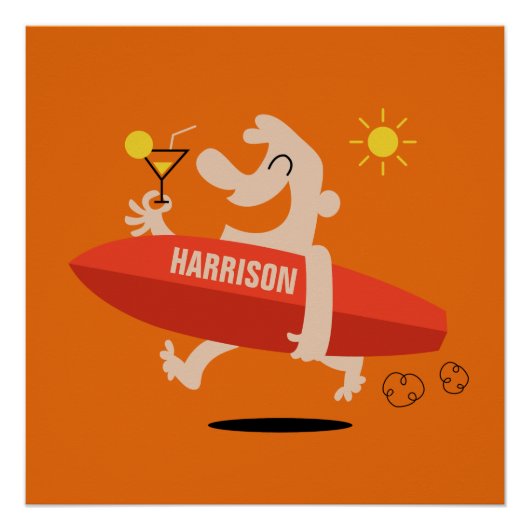 Funny Surfer met Cocktail poster met aangepaste na (Voorkant)