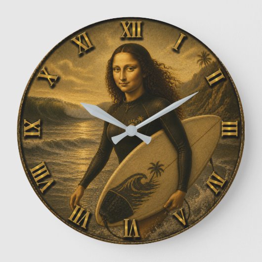 Funny Surfer Mona Lisa Tropical Ocean Decor Grote Klok (Voorkant)