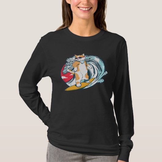 Funny Surfing Cat Kat Surfer Surfboard T-shirt (Voorkant)
