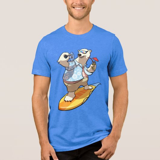 Funny Surfing Polar Bear Cocktail & Fan Cartoon Tri-Blend Shirt (Voorkant)