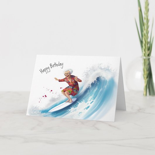 Funny Surfing the Ocean Wave Granny Joke Birthday Kaart (Voorkant)