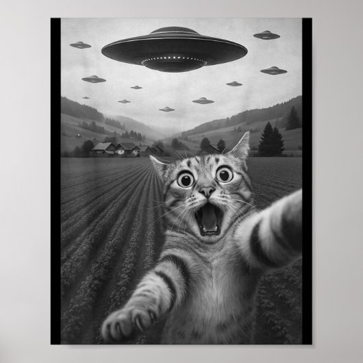Funny Surprised Ed Cat Selfie With Alien Ufo Cat U Poster (Voorkant)