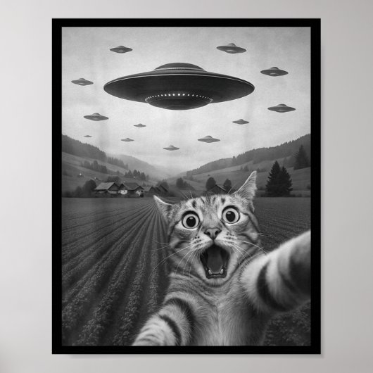 Funny Surprised Ed Cat Selfie With Alien Ufo Cat U Poster (Voorkant)