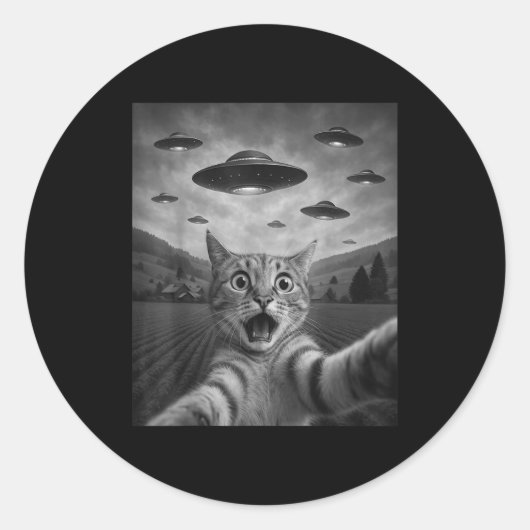 Funny Surprised Ed Cat Selfie With Alien Ufo Cat U Ronde Sticker (Voorkant)