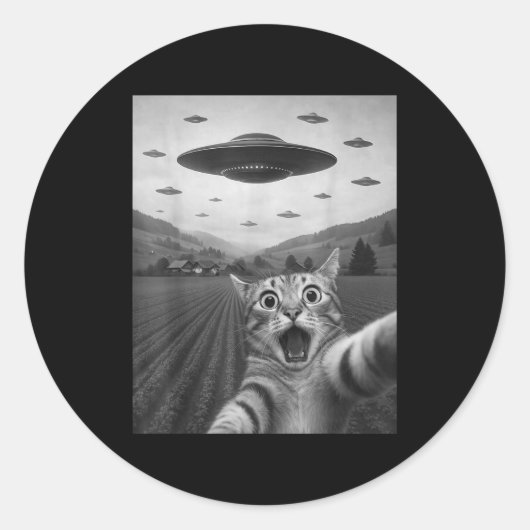 Funny Surprised Ed Cat Selfie With Alien Ufo Cat U Ronde Sticker (Voorkant)