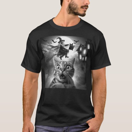 Funny Surprised Scared Cat Selfie With Witch For H T-shirt (Voorkant)
