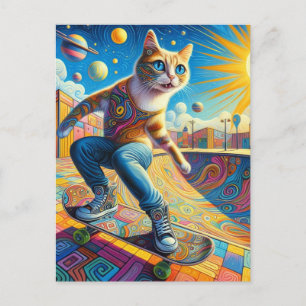 Funny Surreal Skateboarden Kat Briefkaart