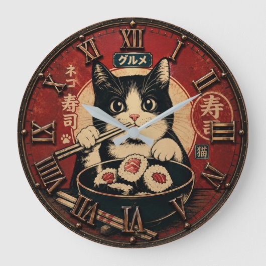 Funny Sushi Cat Japanese Ramen Kitchen Grote Klok (Voorkant)
