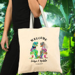 Funny T Rex Bride en Groom Wedding Welcome Tote Bag<br><div class="desc">Welkom je trouwgasten met deze grappige dinosaurus T Rex bride en groom tas. Voeg alle dagen van overlevingskansen toe zoals gebotteld water, tabletten voor hoofdpijn en speelgoed en tafelspelletjes voor kinderen die het evenement bijwonen. Eenvoudig aan te passen met de bruid- en bruidenamen en de trouwdatum. De kleurrijke waterverf T...</div>
