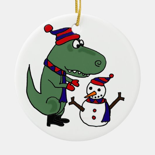 Funny T-Rex Dinosaur Building Snowman Keramisch Ornament (Voorkant)