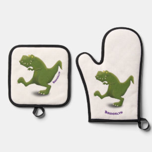 Funny T rex dinosaur cartoon humor Ovenwant & Pannenlap Set