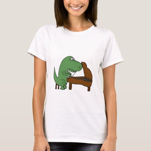 Funny T-Rex Dinosaur die Piano speelt T-shirt (Voorkant)