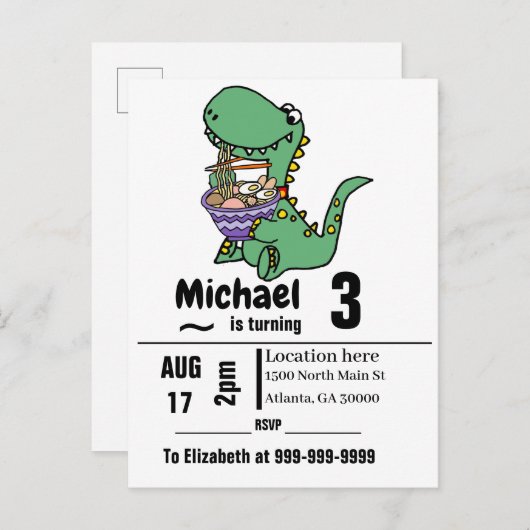 Funny T-rex Dinosaur eating Ramen Noodles Uitnodiging Briefkaart (Voorkant / Achterkant)