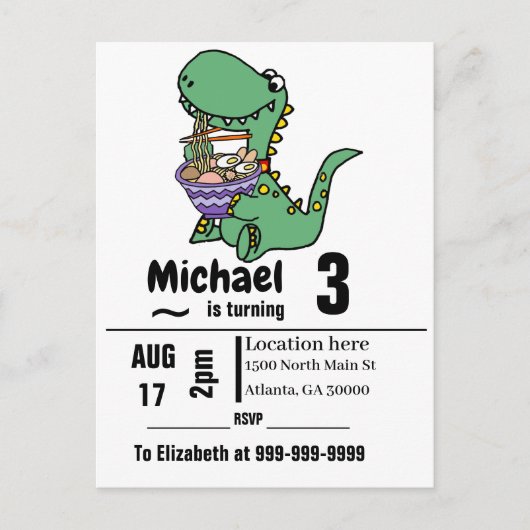 Funny T-rex Dinosaur eating Ramen Noodles Uitnodiging Briefkaart (Voorkant)