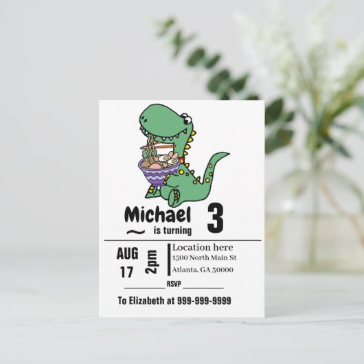 Funny T-rex Dinosaur eating Ramen Noodles Uitnodiging Briefkaart (Staand voorkant)