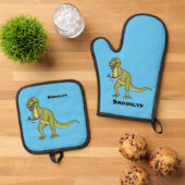 Funny T rex dinosaur illustratie Ovenwant & Pannenlap Set (Top down)