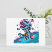Funny T-Rex Dinosaur in de ruimte Feestdagenkaart (Staand voorkant)