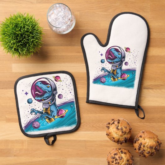 Funny T-Rex Dinosaur in de ruimte Ovenwant & Pannenlap Set (Top down)
