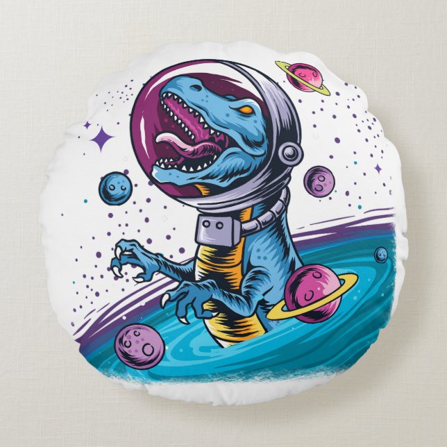 Funny T-Rex Dinosaur in de ruimte Rond Kussen (Voorkant)