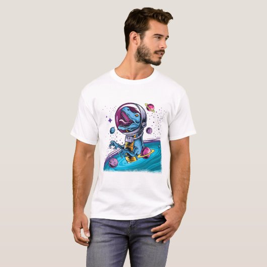 Funny T-Rex Dinosaur in de ruimte T-shirt (Voorkant volledig)