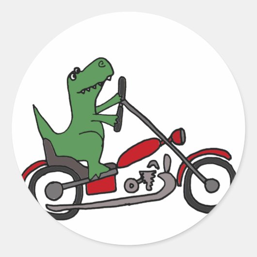 Funny T-rex Dinosaur op de Rode Motorfiets Ronde Sticker (Voorkant)