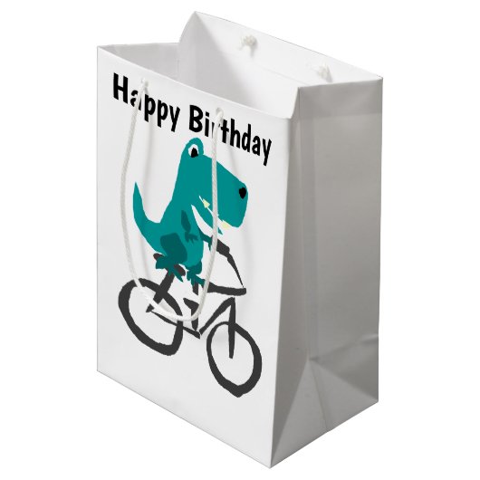 Funny T-rex Dinosaur Riding Bicycle Cartoon Medium Cadeauzakje (Voorkant Gekanteld)