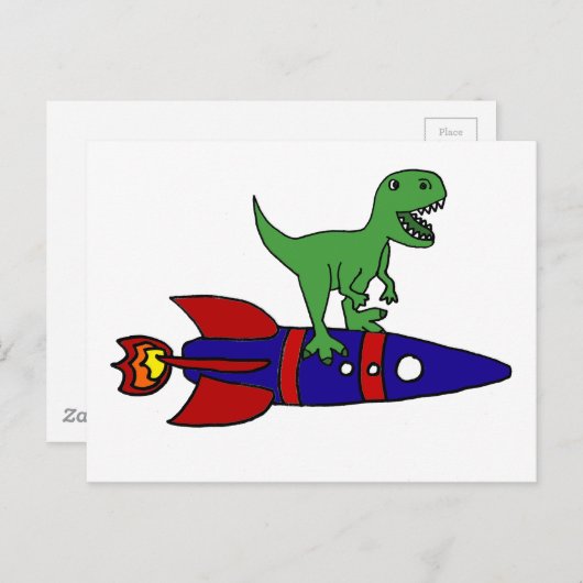Funny T-Rex Dinosaur Riding Rocketship Cartoon Briefkaart (Voorkant / Achterkant)