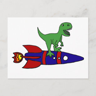 Funny T-Rex Dinosaur Riding Rocketship Cartoon Briefkaart