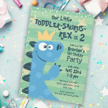 Funny T-Rex Dinosaur Theme Toddler Boy's Birthday Kaart<br><div class="desc">Een schattige en grappige uitnodiging voor het verjaardagsfeest van een peuter met een blauwe dinosaurus van T-Rex met een verjaardagskern. De tekst combineert de leeftijd van de peuter met het dinosaurustype "Toddler-Saurus-Rex. Het is een geweldige keuze om de overgang van een kind naar de "verschrikkelijke twee" te vieren of om...</div>