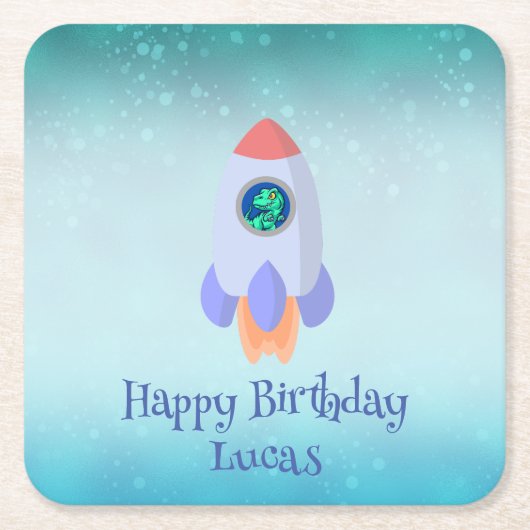 Funny T-rex dinosaurus raket School kind Verjaarda Kartonnen Onderzetters (Voorkant)