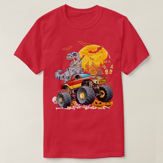 Funny T Rex Saurus Riding Monster Truck Happy Hall T-shirt (Design voorkant)