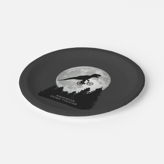 Funny T-Rex vliegend op fiets en volle maan Papieren Bordje (Gekanteld)