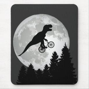 Funny T-Rex vliegend op fiets met volle maan Muismat