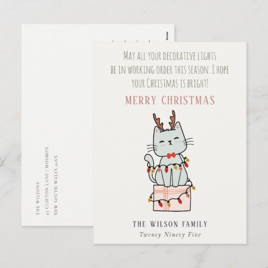 Funny Tangled-werkkerstlampjes Cat Gift Feestdagenkaart (Voorkant / Achterkant)