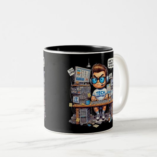 Funny Tech Support Cartoon Tweekleurige Koffiemok (Voorkant rechts)