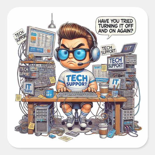 Funny Tech Support Cartoon Vierkante Sticker (Voorkant)