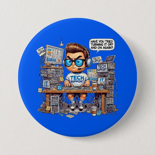 Funny Tech Support T-shirt Cartoon Ronde Button 7,6 Cm (Voorkant)