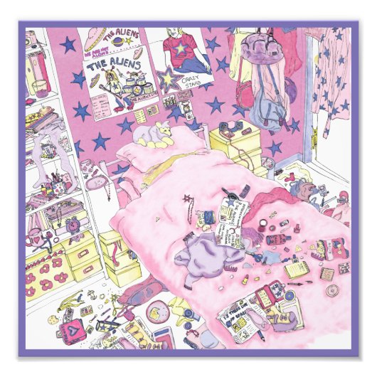 Funny Teenager Girls Messy Bedroom Pink Art Humor Foto Afdruk (Voorkant)