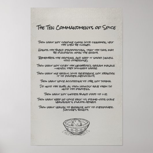 Funny Ten Commandments of Spice Kitchen Wall Art Poster (Voorkant)