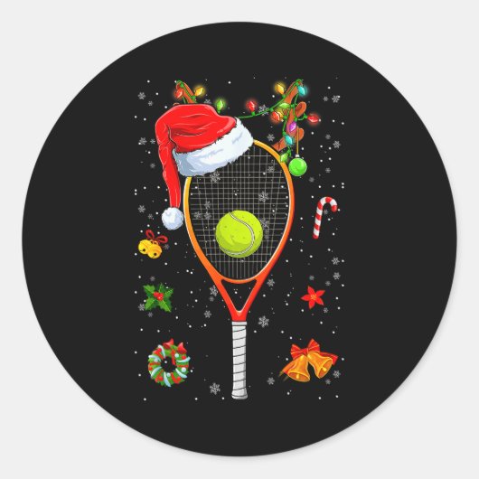 Funny Tennis Racket Reindeer Santa Hat Christmas L Ronde Sticker (Voorkant)