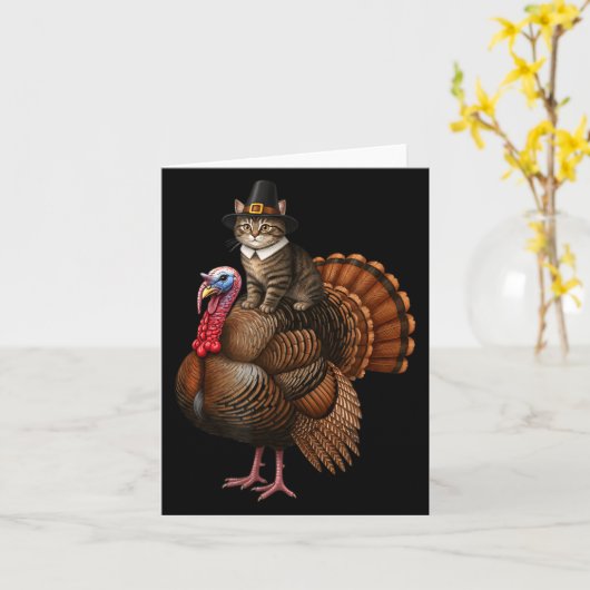 Funny Thanksgiving Cat On Turkey, Lgrim Hat Turkey Kaart (Gele Bloem)