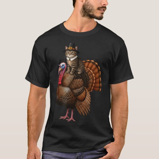 Funny Thanksgiving Cat On Turkey, Lgrim Hat Turkey T-shirt (Voorkant)