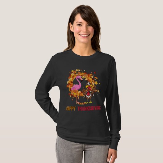 Funny Thanksgiving Flamingo met Turkije Cute Funn T-shirt (Voorkant volledig)