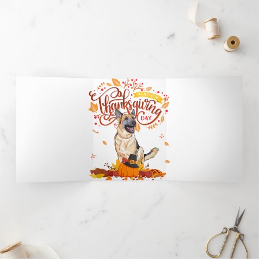 Funny Thanksgiving geeft Duits Shepherd Dog Drieluik Aankondiging (Binnen)