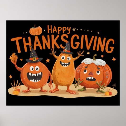 Funny Thanksgiving Pumpkins in Witch Hats Cartoon  Poster (Voorkant)