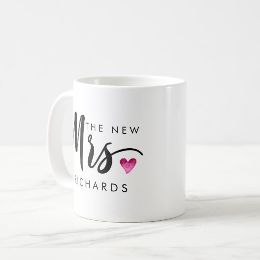Funny THE NEW MRS Typography roze waterverf hart Koffiemok (Voorkant links)