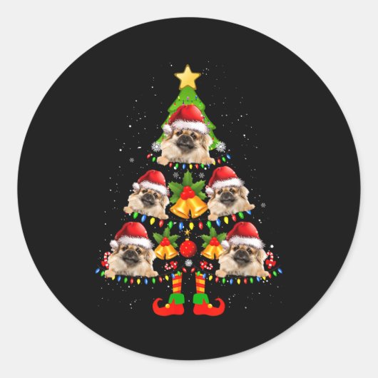 Funny Tibetan Spaniel Christmas Lights Tree Dog Lo Ronde Sticker (Voorkant)